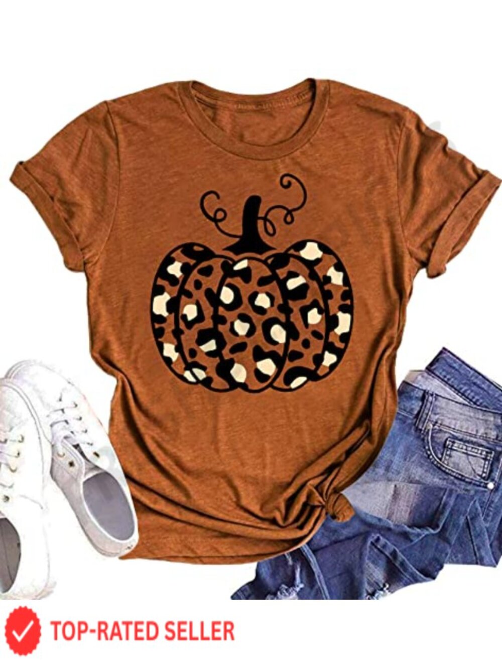 Women's Halloween Pumpkin Graphic Tee Leopard Print Crew Neck Fall T-Shirt